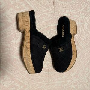 Chanel Black Clogs Quilted Mules with Gold Accents